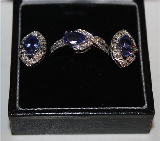 9ct white gold tanzanite and diamond dress ring and matching earrings